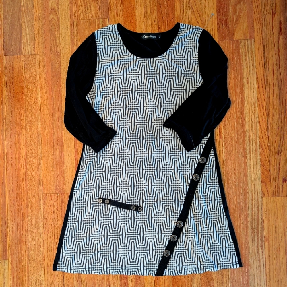 Stylish Black and White Geometric Dress with Button Details By creation
